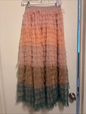 TULLE Tiered Ruffle Ombre Maxi Skirt - Pink, Tan & Teal Small to Medium NEW